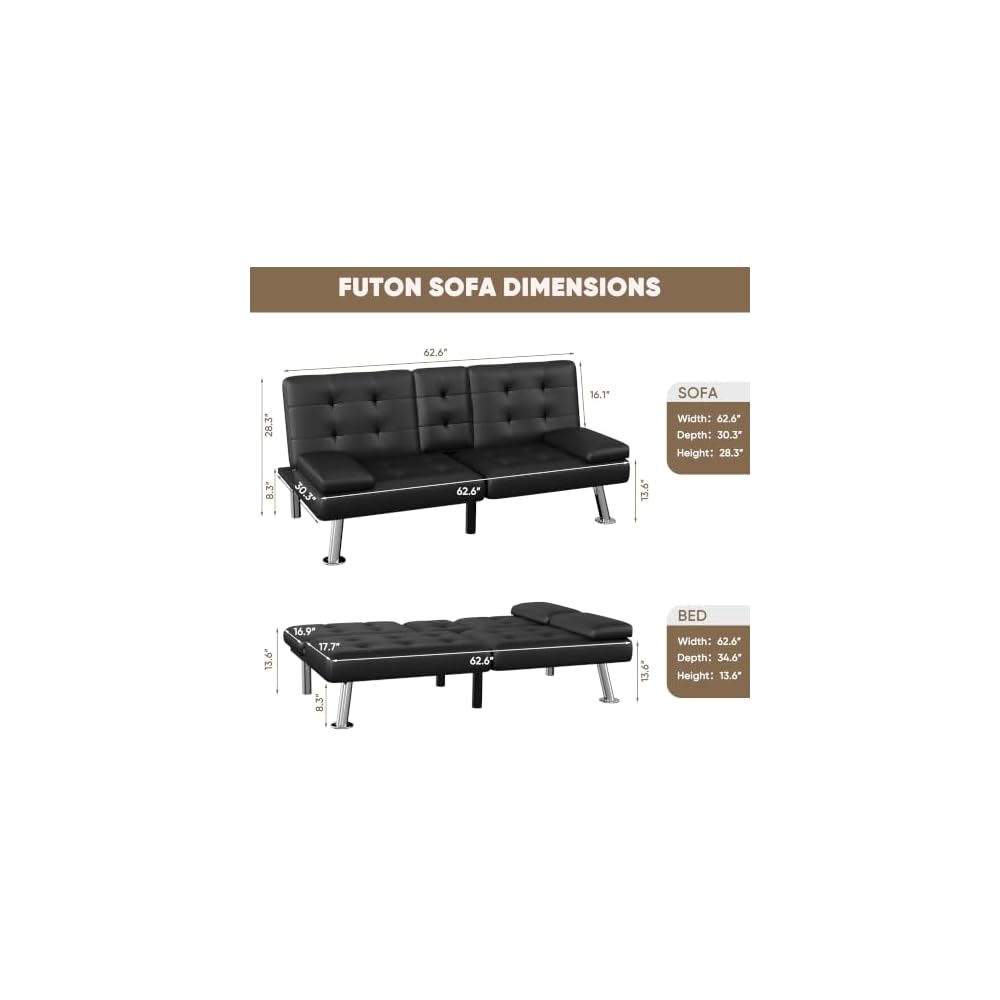 Homall Black Faux Leather Futon Sofa Bed, Loveseat with Adjustable Backrest