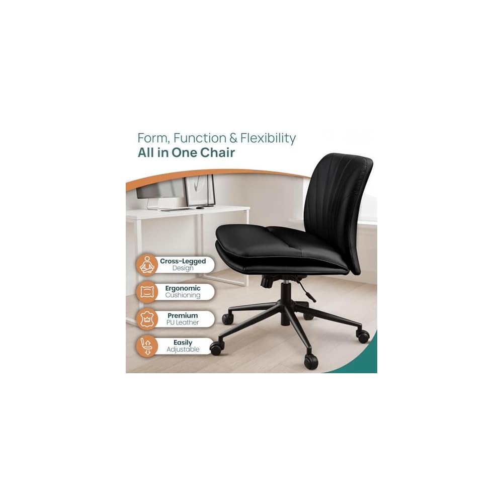 NYPOT Armless Desk Chair with Wheels for Criss Cross Sitting - Cross Legged Wide Armless Chair - Adjustable Vanity 360° Swivel Stool and 120° Rocking Wide Seat Comfy for Home and Office, Color Black