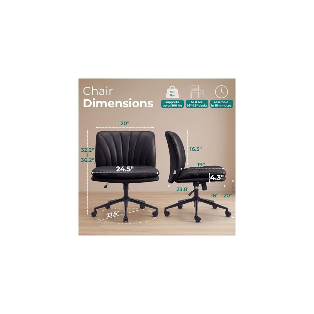 NYPOT Armless Desk Chair with Wheels for Criss Cross Sitting - Cross Legged Wide Armless Chair - Adjustable Vanity 360° Swivel Stool and 120° Rocking Wide Seat Comfy for Home and Office, Color Black