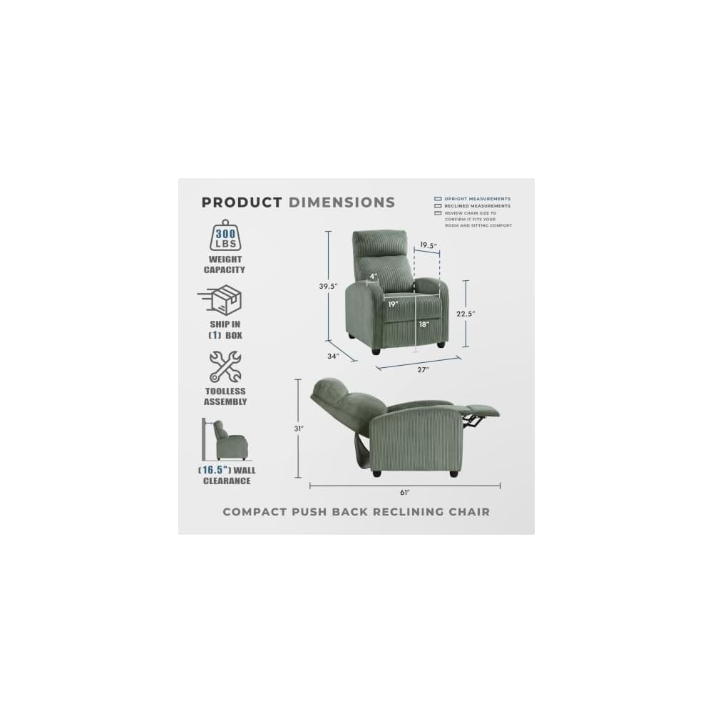 Lexicon Corduroy Pushback Recliner Chair, Green