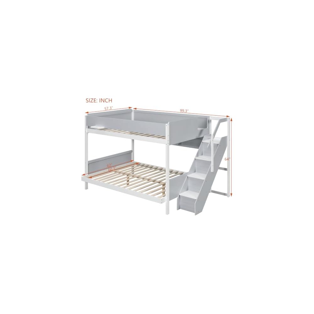 Merax Full XL Over Queen Bunk Bed with Staircase & Side Shelves, Gray