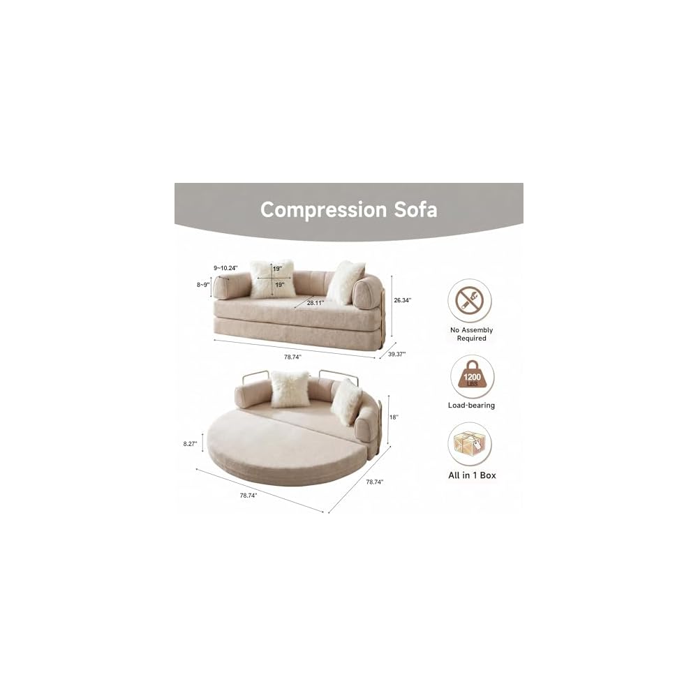 79" Round Boneless Sofa Bed, Pull Out Queen Sleeper Couch, Gray Beige