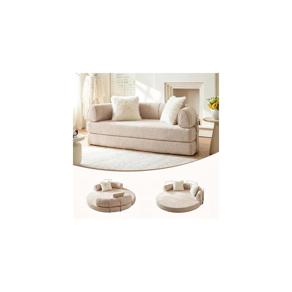 79" Round Boneless Sofa Bed, Pull Out Queen Sleeper Couch, Gray Beige