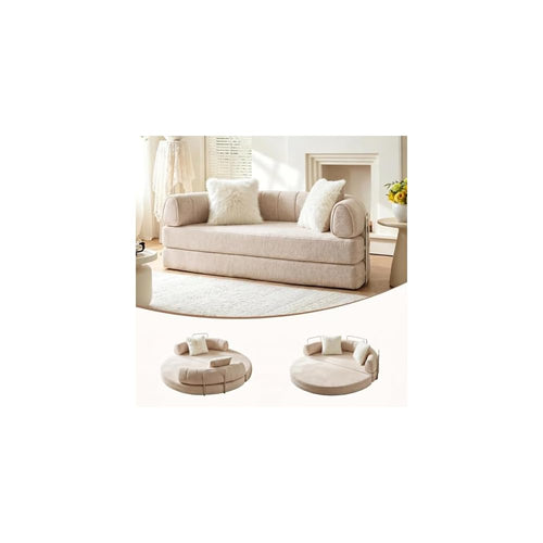 79" Round Boneless Sofa Bed, Pull Out Queen Sleeper Couch, Gray Beige
