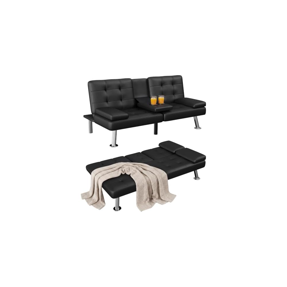 Homall Black Faux Leather Futon Sofa Bed, Loveseat with Adjustable Backrest
