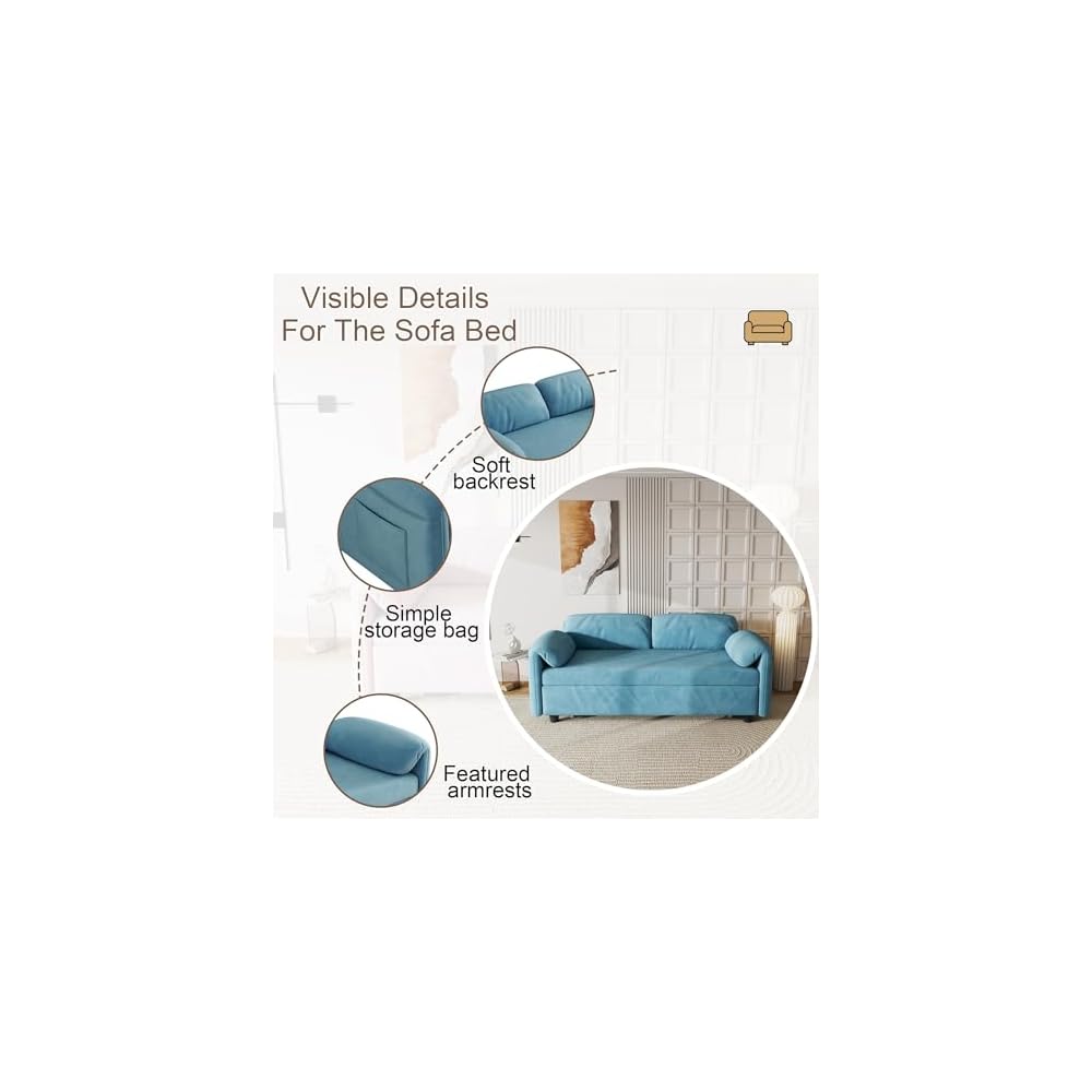 KEIKI 3 in 1 Convertible Pull Out Sofa Bed with Adjustable Backrest & Side Pockets, Velvet Recliner Couch Sleeper Sofa Chair for Living Room, Small Spaces, Full, Blue