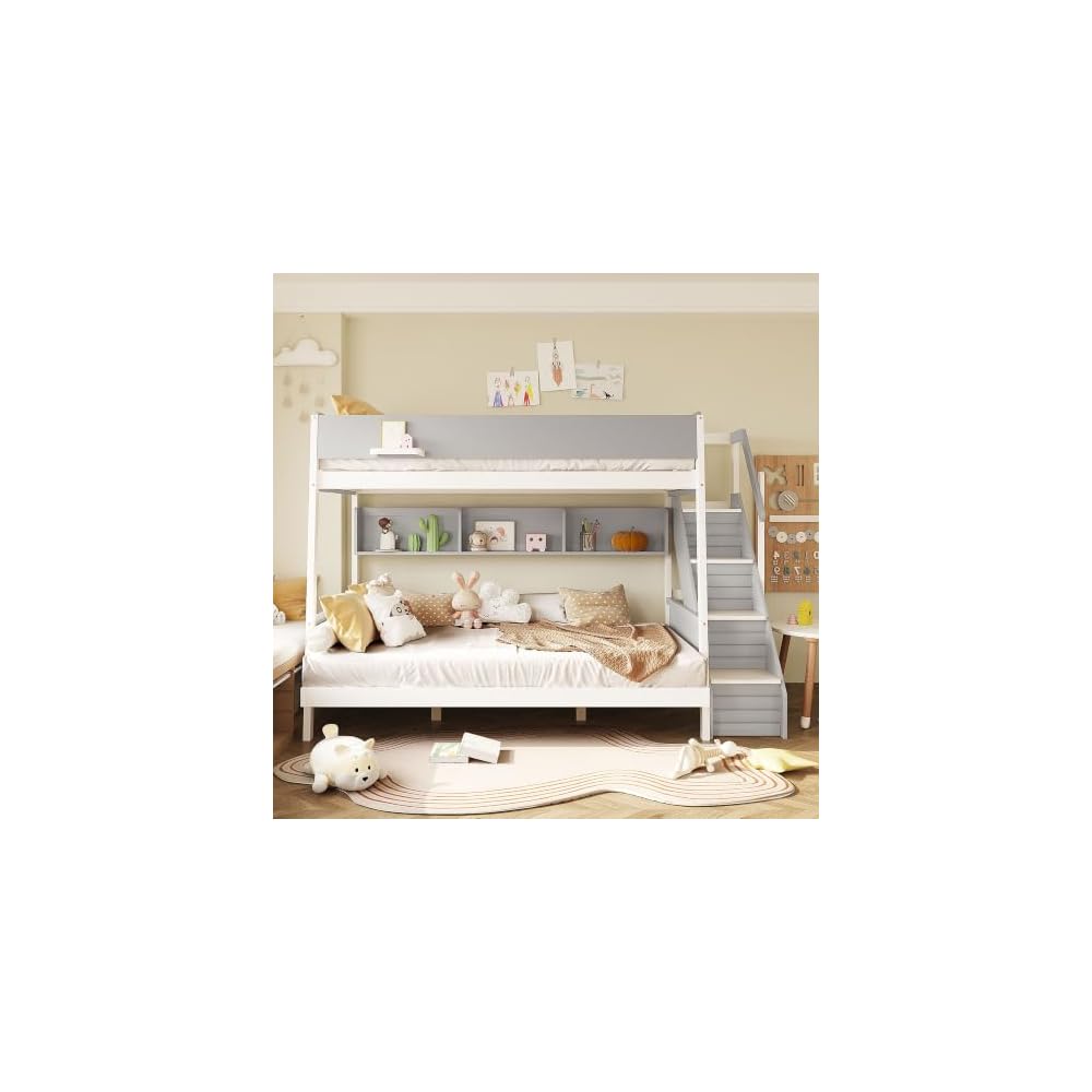 Merax Full XL Over Queen Bunk Bed with Staircase & Side Shelves, Gray