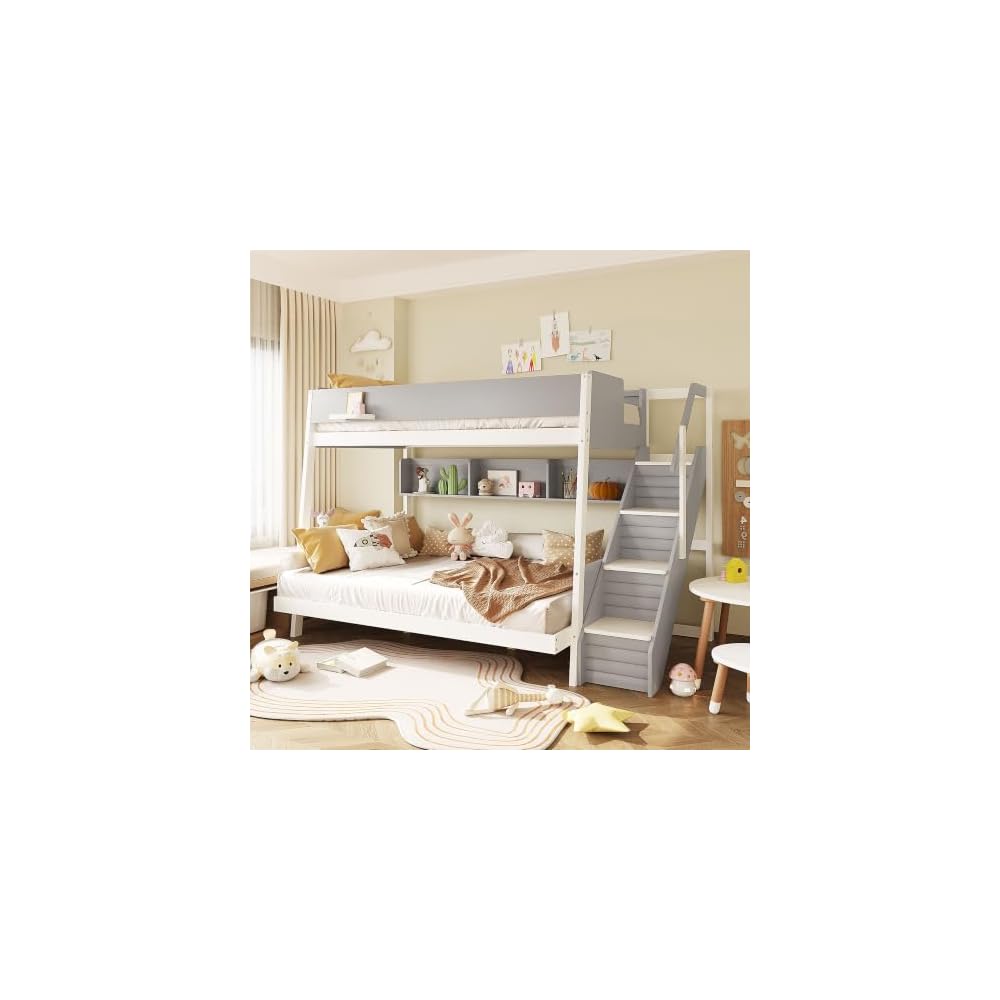 Merax Full XL Over Queen Bunk Bed with Staircase & Side Shelves, Gray