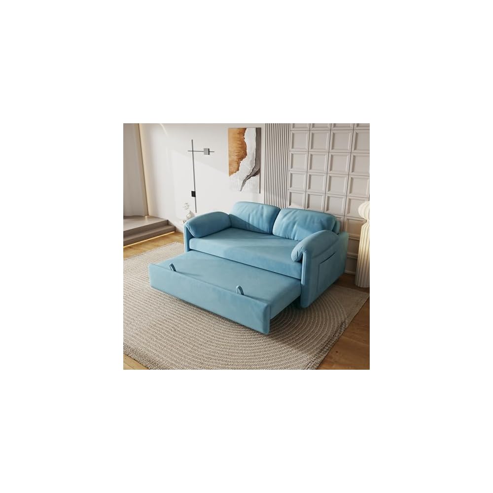 KEIKI 3 in 1 Convertible Pull Out Sofa Bed with Adjustable Backrest & Side Pockets, Velvet Recliner Couch Sleeper Sofa Chair for Living Room, Small Spaces, Full, Blue
