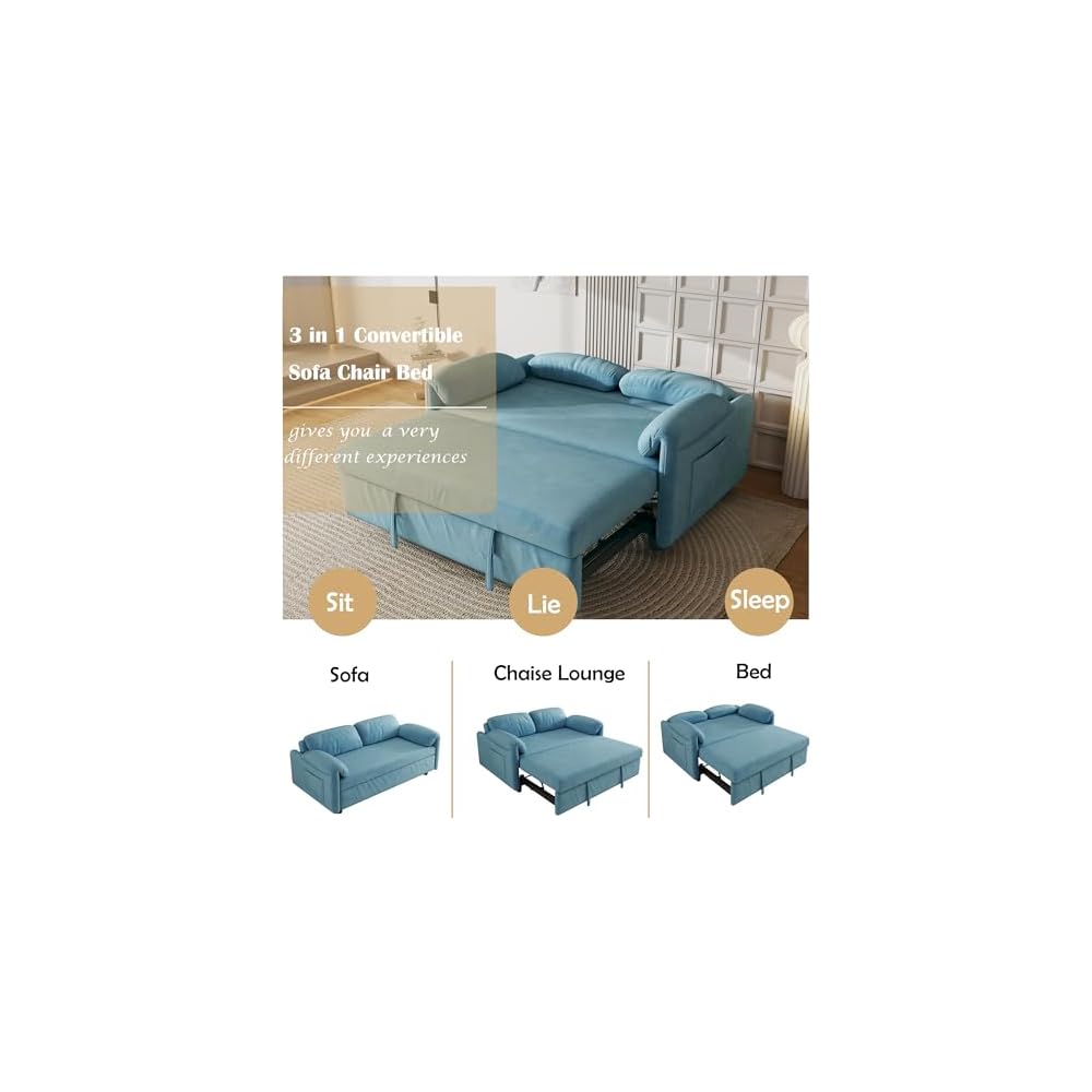 KEIKI 3 in 1 Convertible Pull Out Sofa Bed with Adjustable Backrest & Side Pockets, Velvet Recliner Couch Sleeper Sofa Chair for Living Room, Small Spaces, Full, Blue