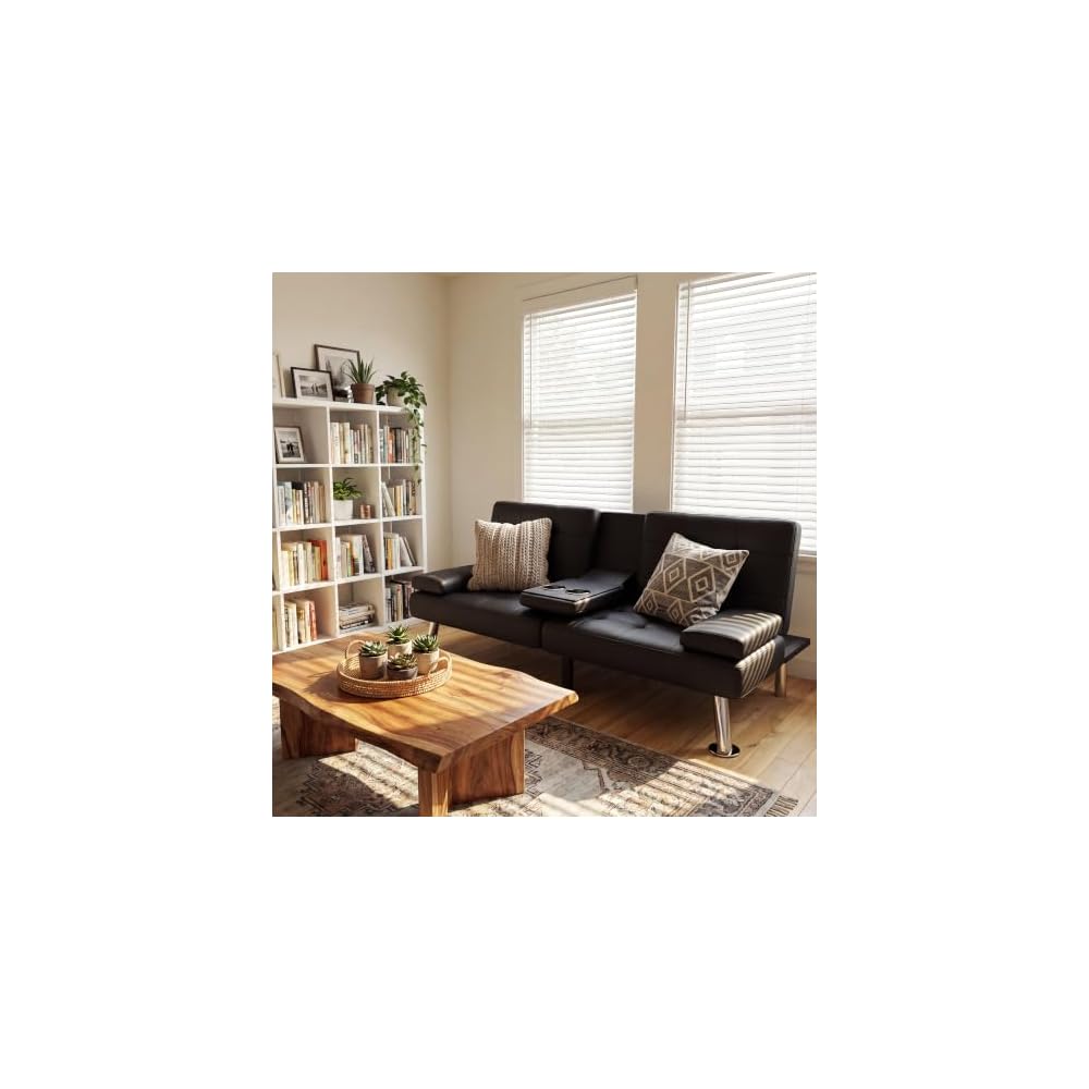 Homall Black Faux Leather Futon Sofa Bed, Loveseat with Adjustable Backrest