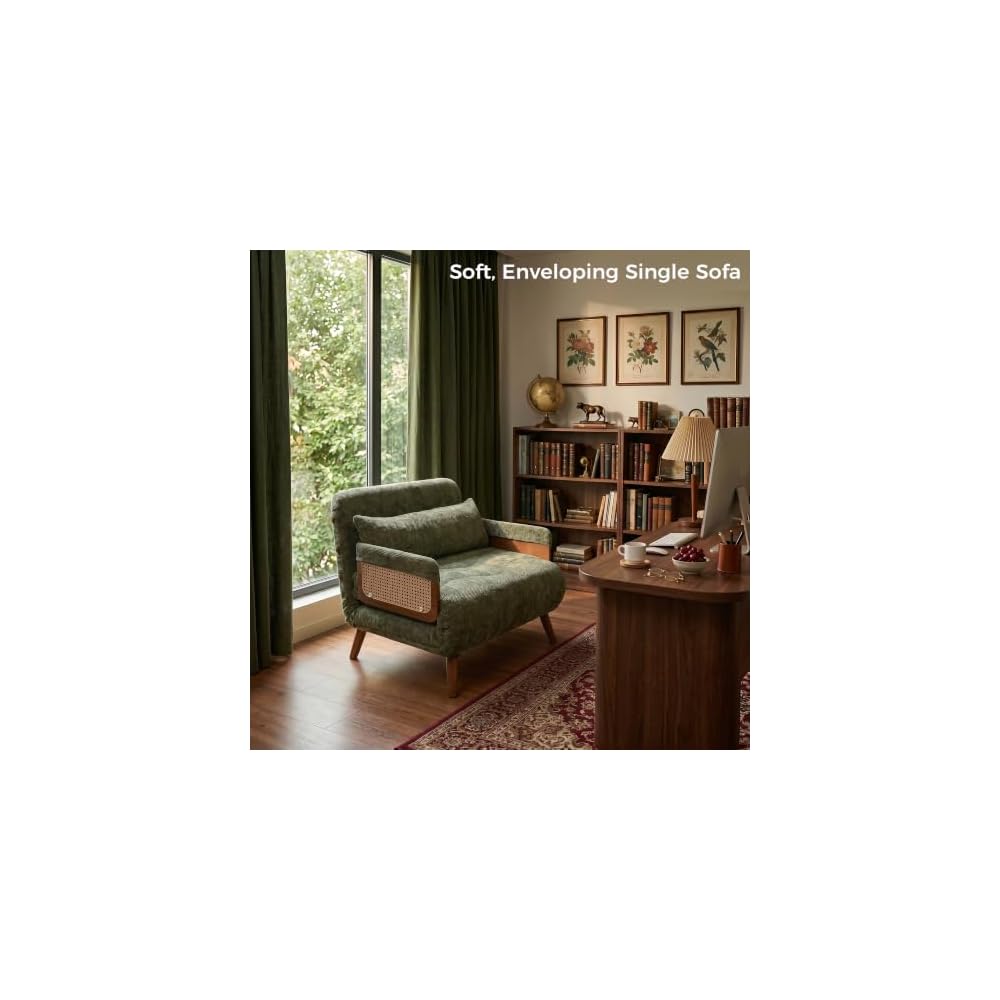 Chair Bed for Adults, 35.4" Sleeper Chair with Artisanal Rattan, Space-Saving Convertible Single Sofa Bed, Mid-Century Modern Premium 400GSM Chenille, Walnut Legs, Olive Green