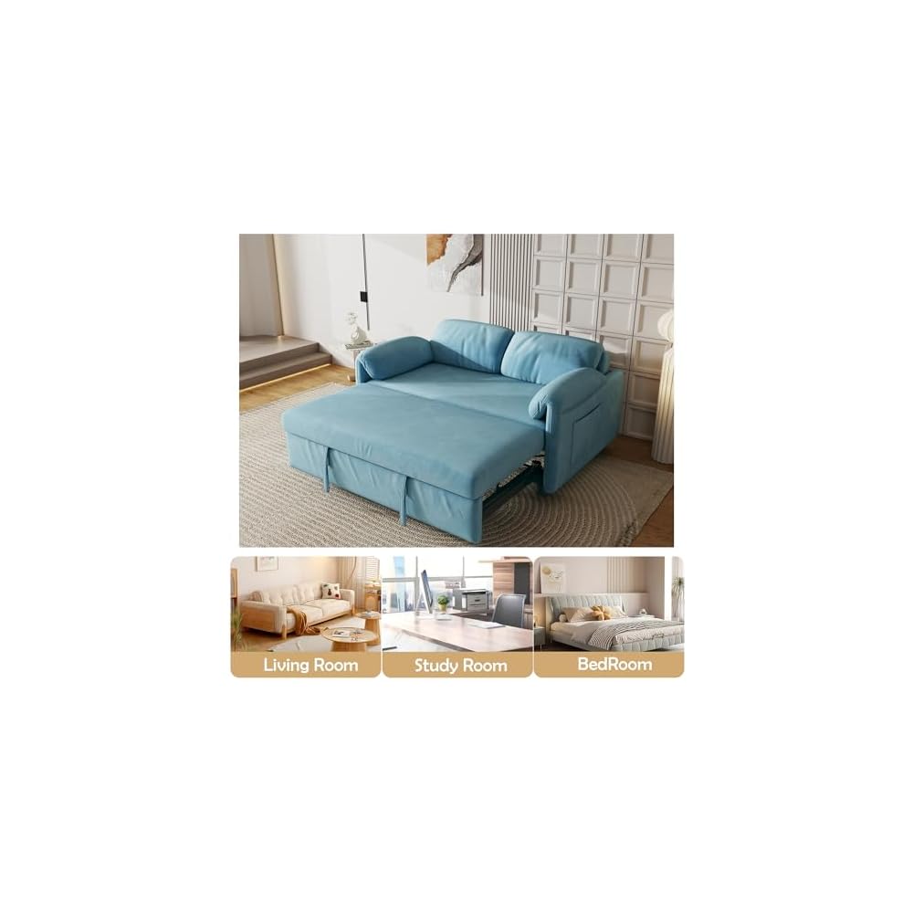 KEIKI 3 in 1 Convertible Pull Out Sofa Bed with Adjustable Backrest & Side Pockets, Velvet Recliner Couch Sleeper Sofa Chair for Living Room, Small Spaces, Full, Blue
