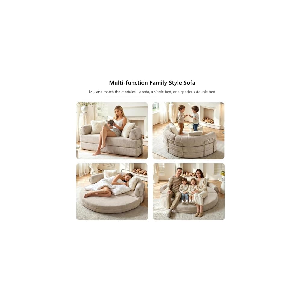79" Round Boneless Sofa Bed, Pull Out Queen Sleeper Couch, Gray Beige