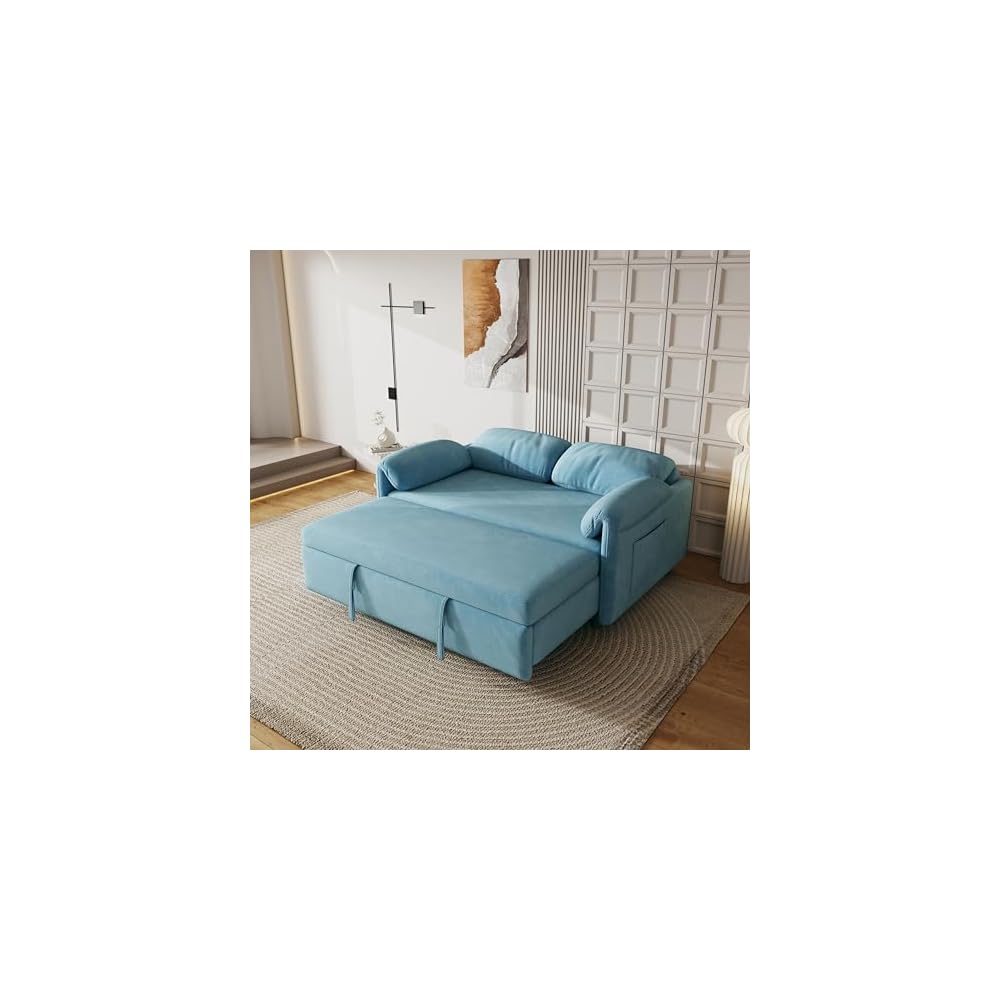 KEIKI 3 in 1 Convertible Pull Out Sofa Bed with Adjustable Backrest & Side Pockets, Velvet Recliner Couch Sleeper Sofa Chair for Living Room, Small Spaces, Full, Blue