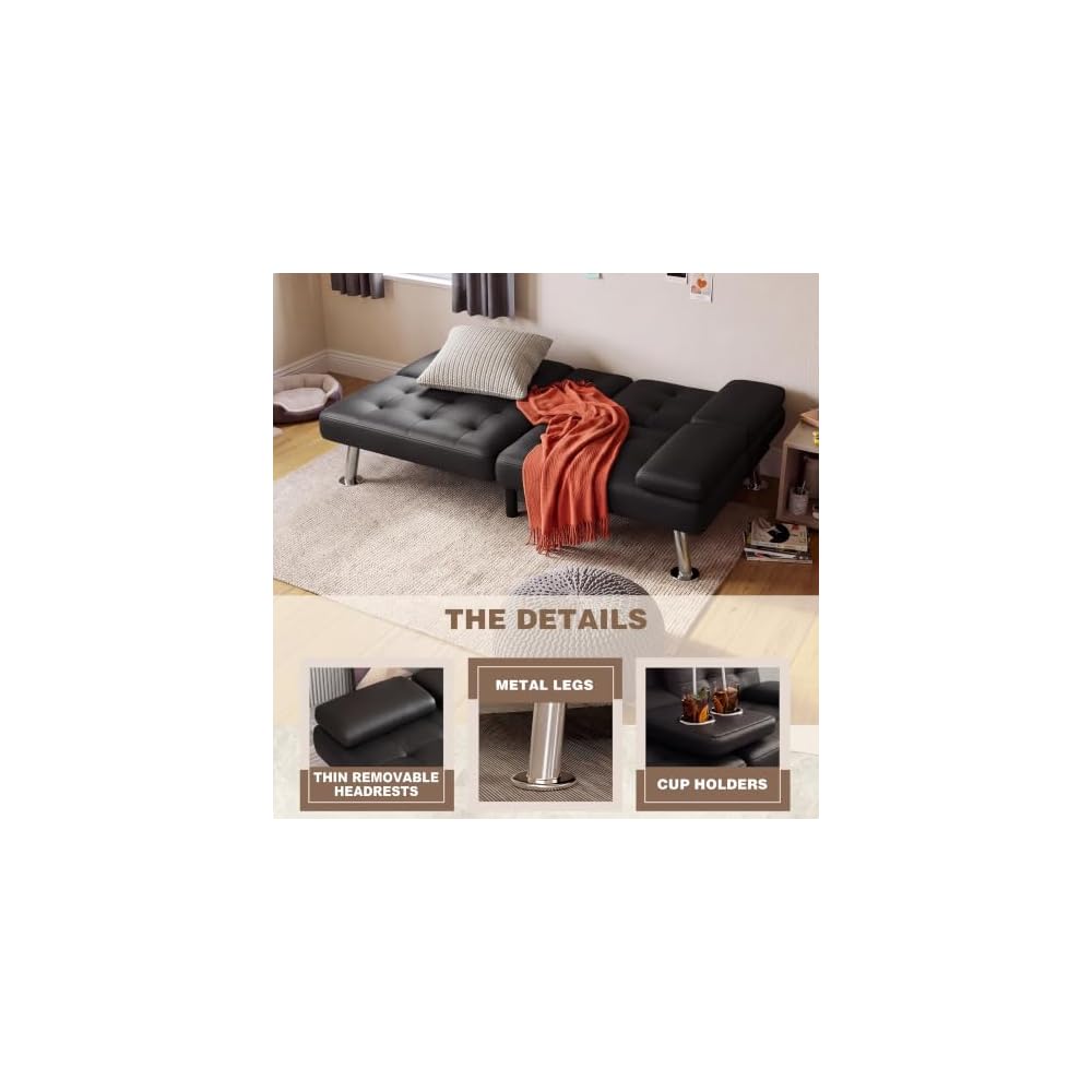 Homall Black Faux Leather Futon Sofa Bed, Loveseat with Adjustable Backrest