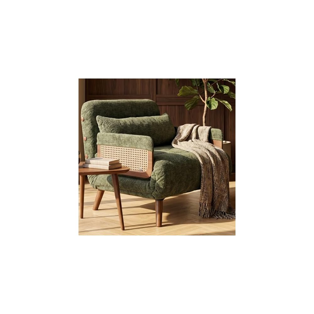 Chair Bed for Adults, 35.4" Sleeper Chair with Artisanal Rattan, Space-Saving Convertible Single Sofa Bed, Mid-Century Modern Premium 400GSM Chenille, Walnut Legs, Olive Green