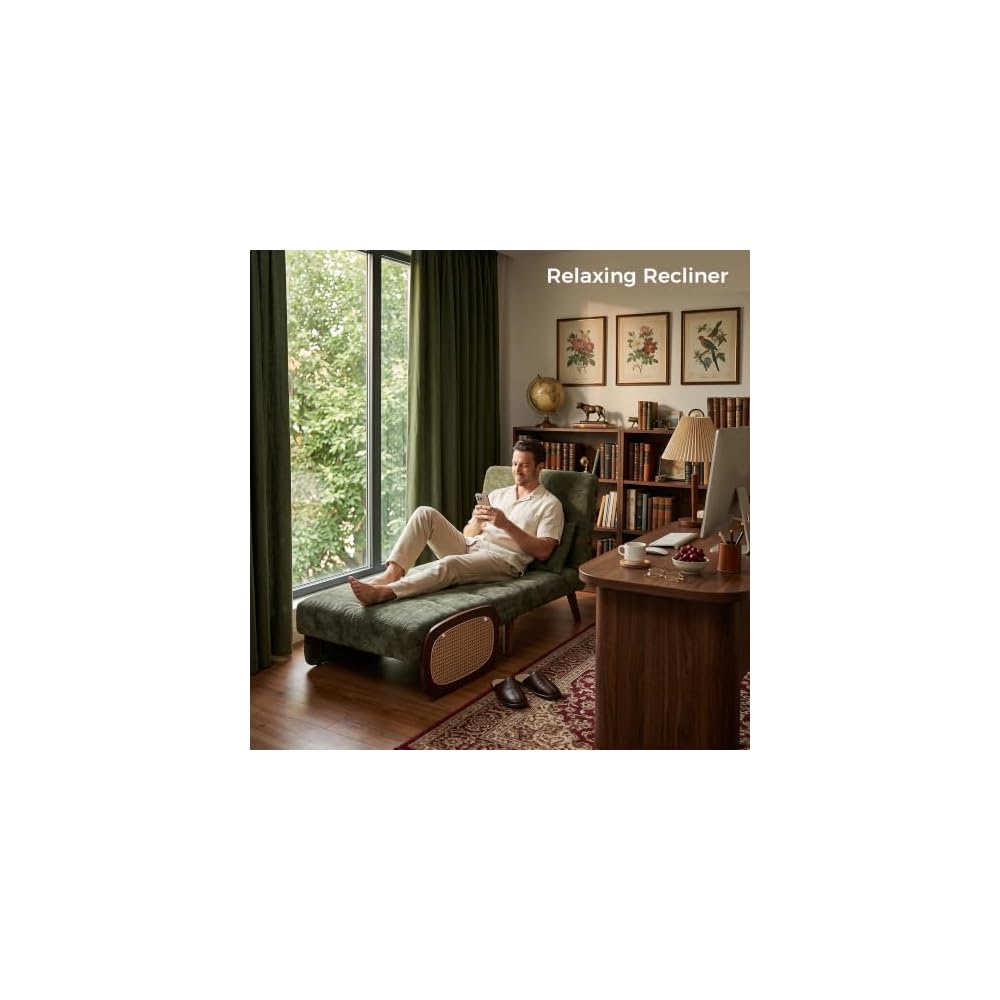 Chair Bed for Adults, 35.4" Sleeper Chair with Artisanal Rattan, Space-Saving Convertible Single Sofa Bed, Mid-Century Modern Premium 400GSM Chenille, Walnut Legs, Olive Green