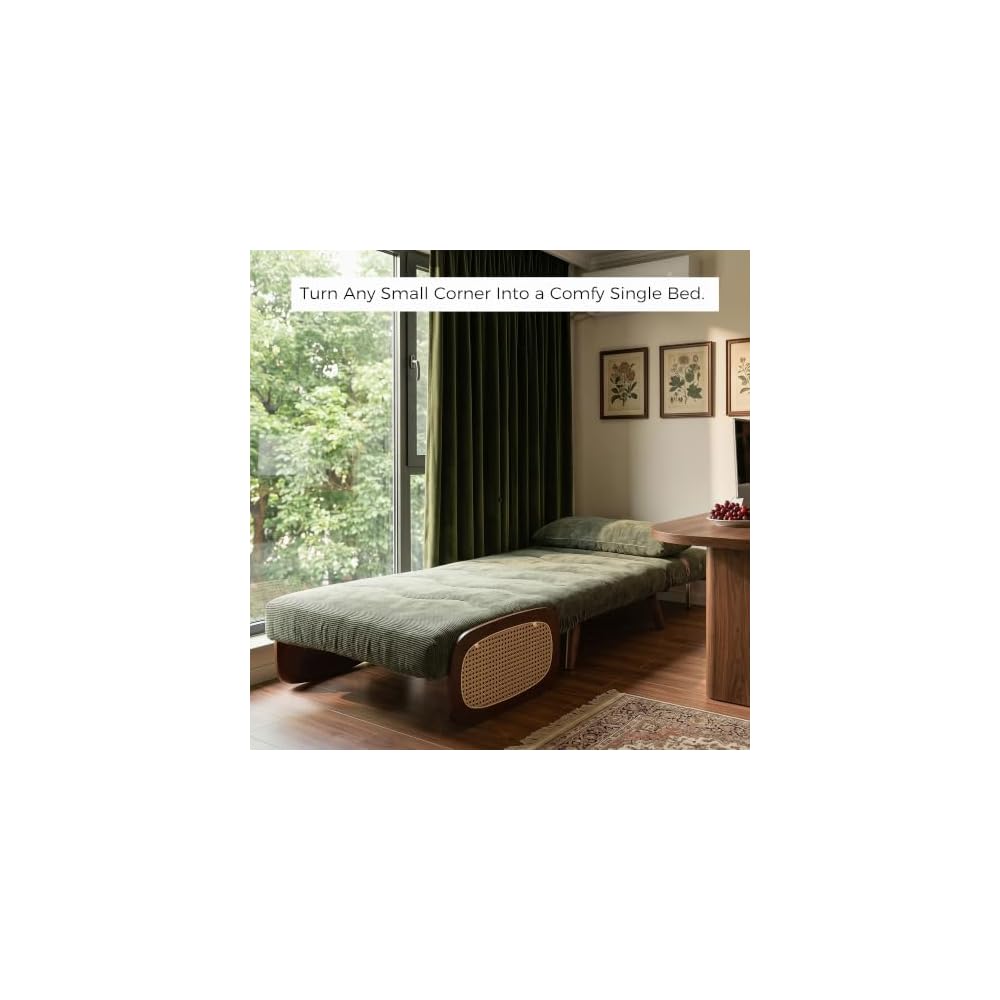 Chair Bed for Adults, 35.4" Sleeper Chair with Artisanal Rattan, Space-Saving Convertible Single Sofa Bed, Mid-Century Modern Premium 400GSM Chenille, Walnut Legs, Olive Green