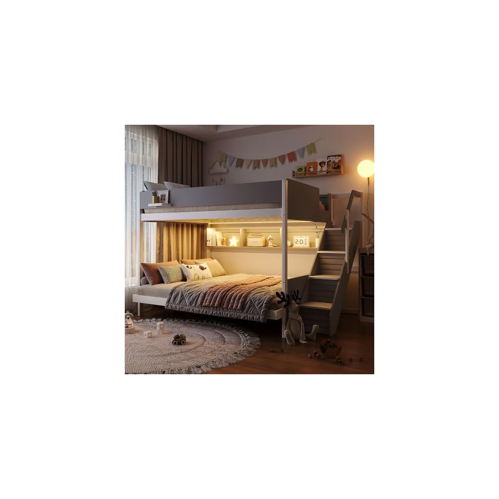 Merax Full XL Over Queen Bunk Bed with Staircase & Side Shelves, Gray