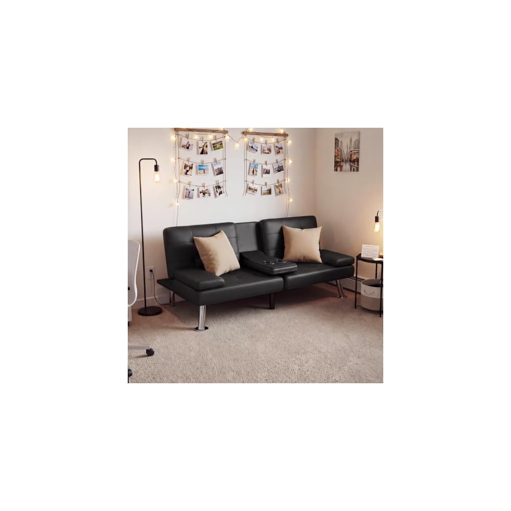 Homall Black Faux Leather Futon Sofa Bed, Loveseat with Adjustable Backrest