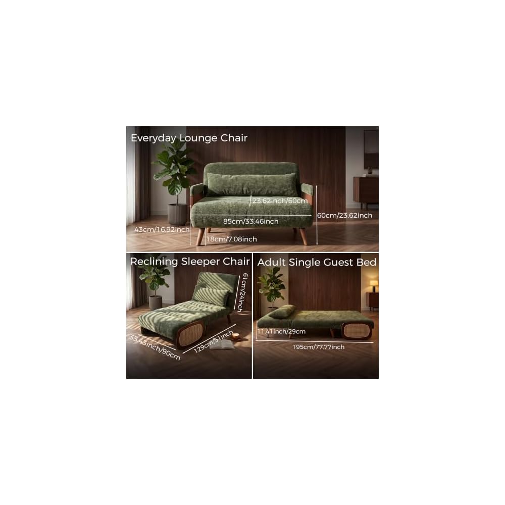 Chair Bed for Adults, 35.4" Sleeper Chair with Artisanal Rattan, Space-Saving Convertible Single Sofa Bed, Mid-Century Modern Premium 400GSM Chenille, Walnut Legs, Olive Green