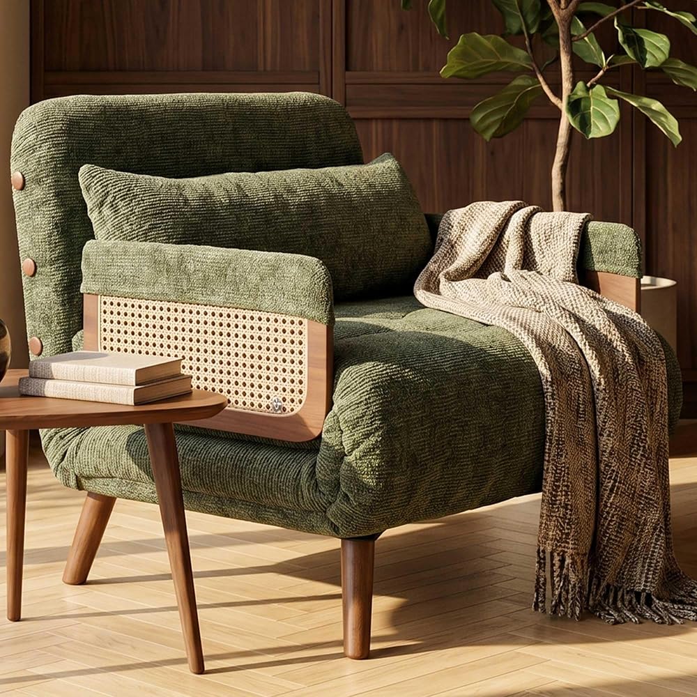 Chair Bed for Adults, 35.4" Sleeper Chair with Artisanal Rattan, Space-Saving Convertible Single Sofa Bed, Mid-Century Modern Premium 400GSM Chenille, Walnut Legs, Olive Green