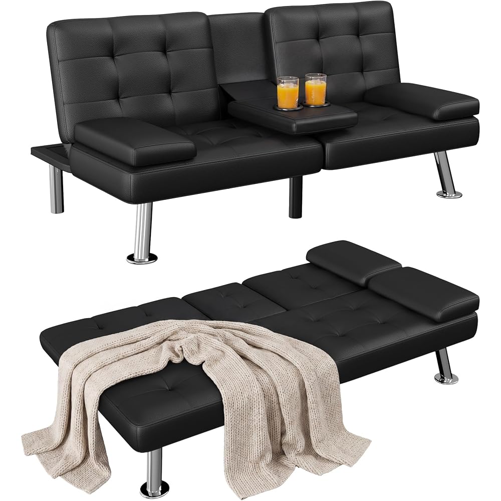 Homall Black Faux Leather Futon Sofa Bed, Loveseat with Adjustable Backrest