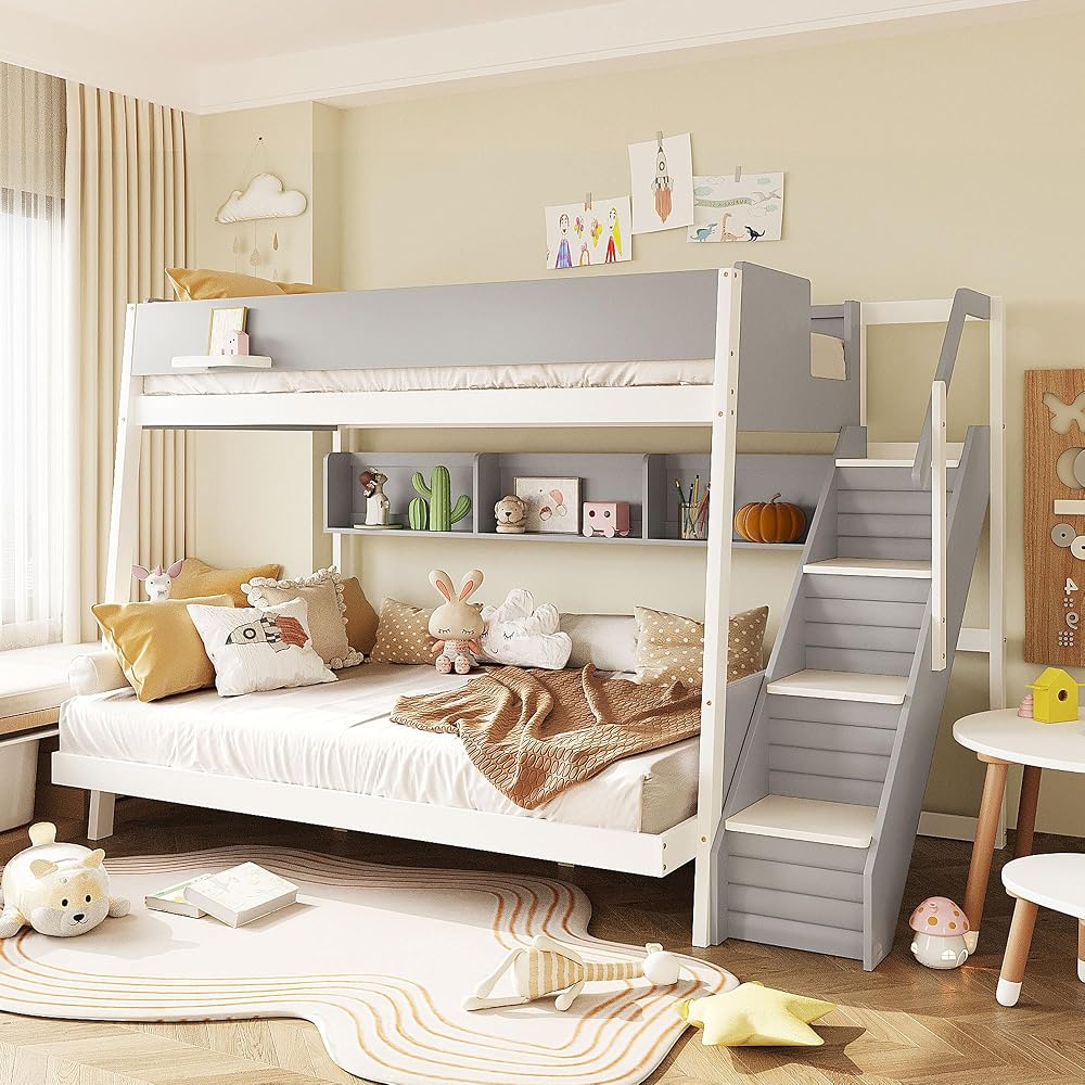 Merax Full XL Over Queen Bunk Bed with Staircase & Side Shelves, Gray